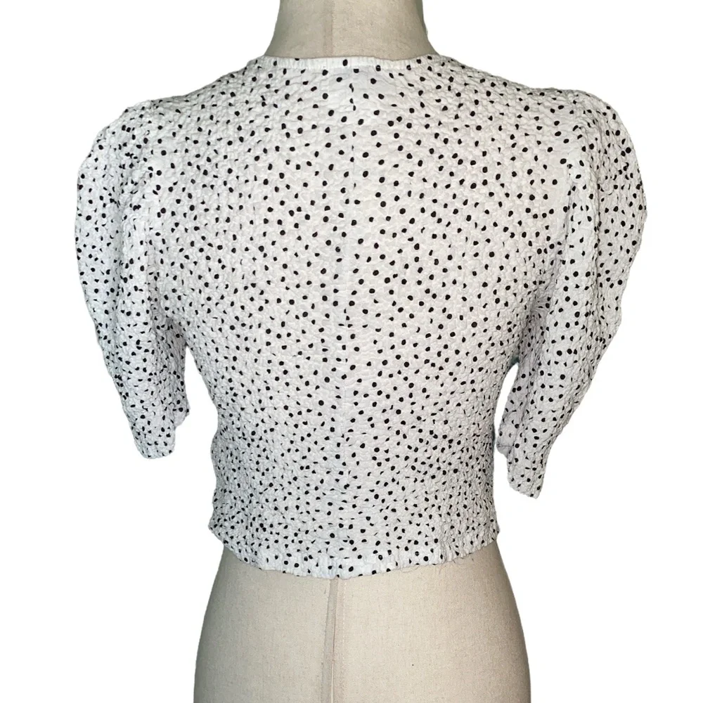 Zara Polka Dot Smocked Puff Sleeve Crinkle Crop Top - S